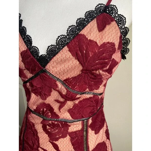 Lulus Burgundy Floral Lace Midi Dress XS Sheer Mesh Bodycon Slip Dress - Picture 3 of 7